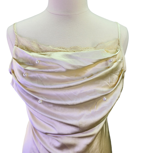 Her Destiny Nightgown Dress Women Large Ivory Satin Slip Ruched Top Pearls Sexy - Picture 5 of 14